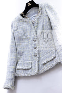 CHANEL 09S Light Gray Mint Cotton Wool Tweed Jacket 36 シャネル ライト グレー ミント コットン ウール ツイード ジャケット 即発