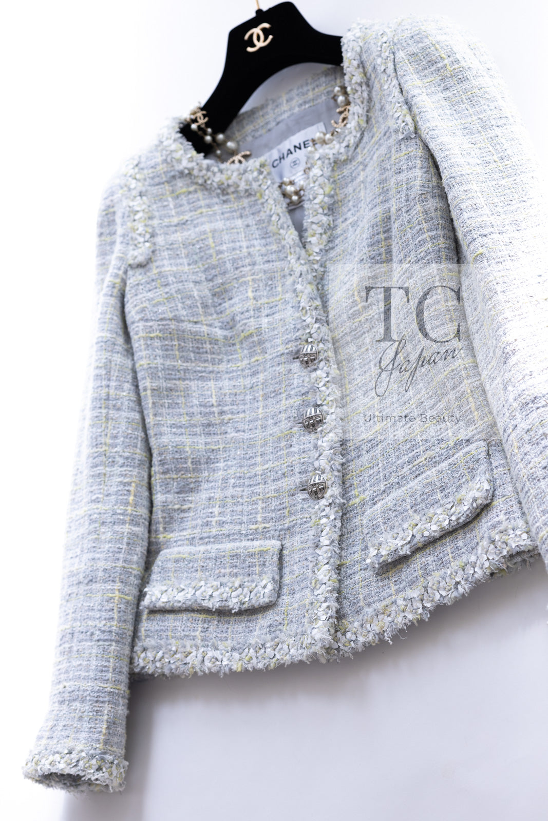 CHANEL 09S Light Gray Mint Cotton Wool Tweed Jacket 36 シャネル ライト グレー ミント コットン ウール ツイード ジャケット 即発