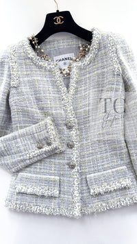 CHANEL 09S Light Gray Mint Cotton Wool Tweed Jacket 36 シャネル ライト グレー ミント コットン ウール ツイード ジャケット 即発