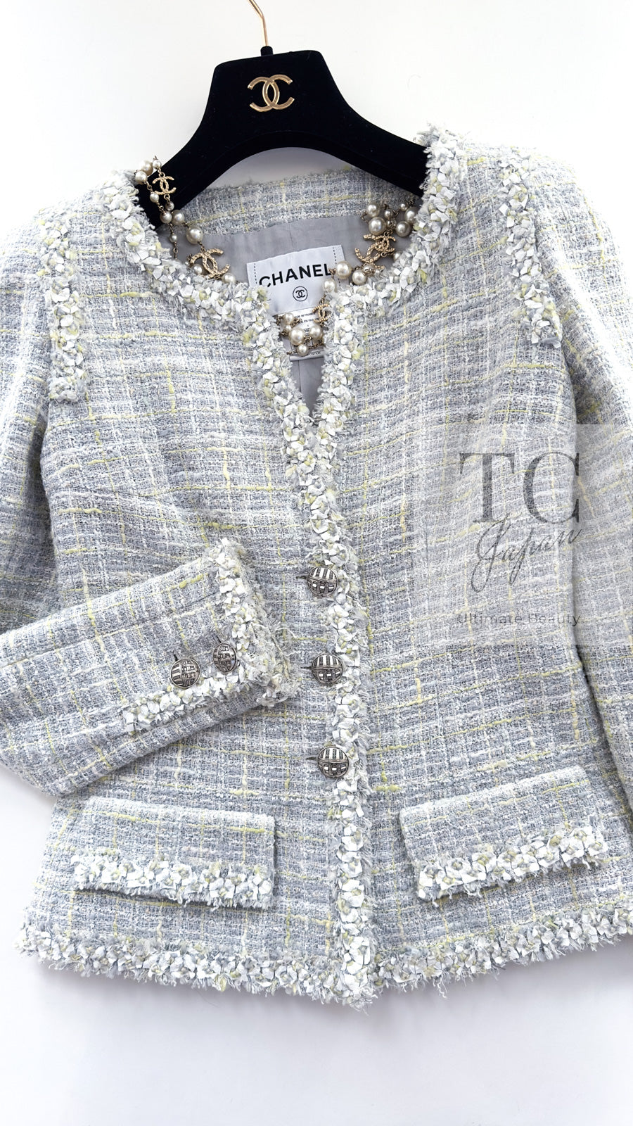 CHANEL 09S Light Gray Mint Cotton Wool Tweed Jacket 36 シャネル ライト グレー ミント コットン ウール ツイード ジャケット 即発