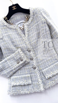 CHANEL 09S Light Gray Mint Cotton Wool Tweed Jacket 36 シャネル ライト グレー ミント コットン ウール ツイード ジャケット 即発