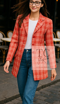 CHANEL 97S Vintage Red White Checked Wool Mohair Tweed Coat Jacket 36 38 シャネル ヴィンテージ レッド ホワイト ウール プードル モヘア ツイード コート ジャケット 即発