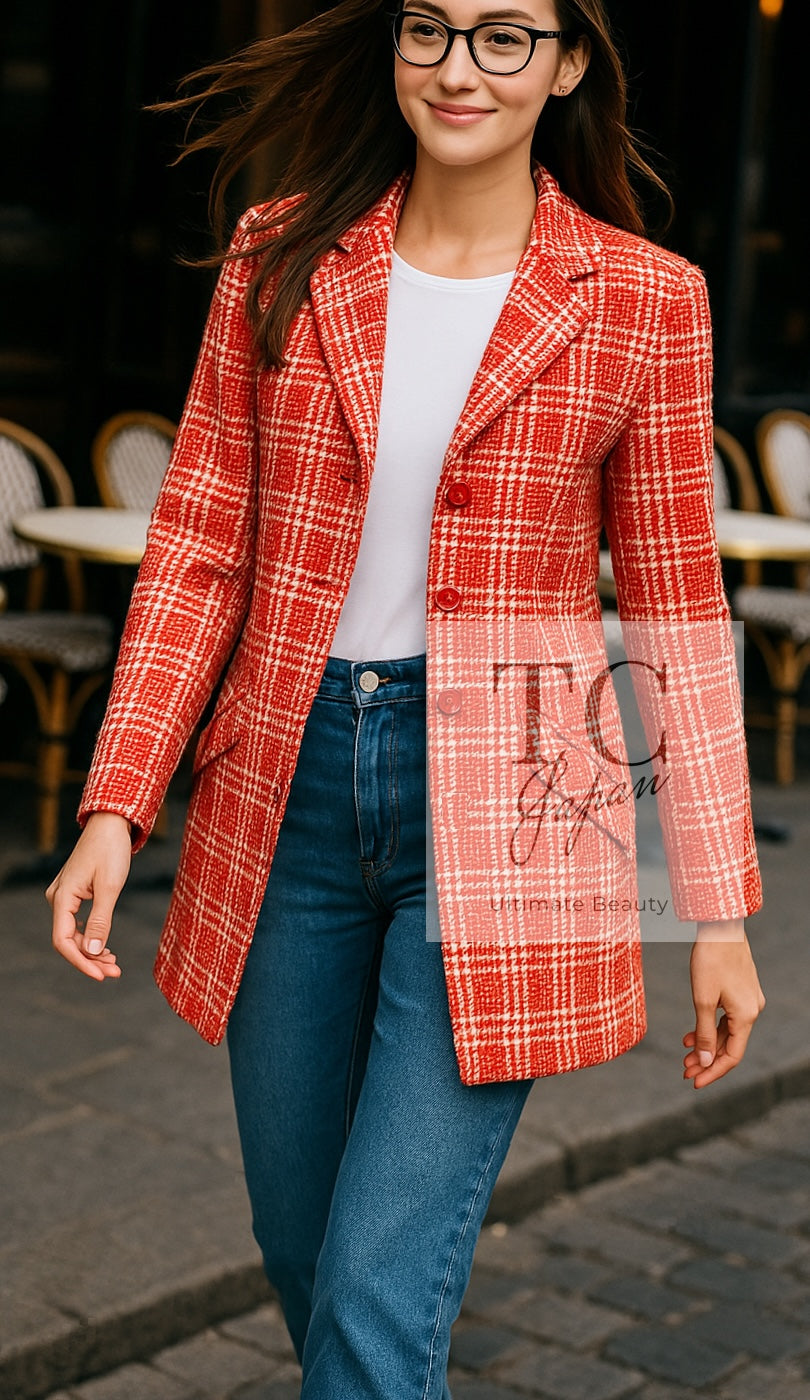 CHANEL 97S Vintage Red White Checked Wool Mohair Tweed Coat Jacket 36 38 シャネル ヴィンテージ レッド ホワイト ウール プードル モヘア ツイード コート ジャケット 即発