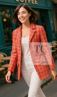 CHANEL 97S Vintage Red White Checked Wool Mohair Tweed Coat Jacket 36 38 シャネル ヴィンテージ レッド ホワイト ウール プードル モヘア ツイード コート ジャケット 即発