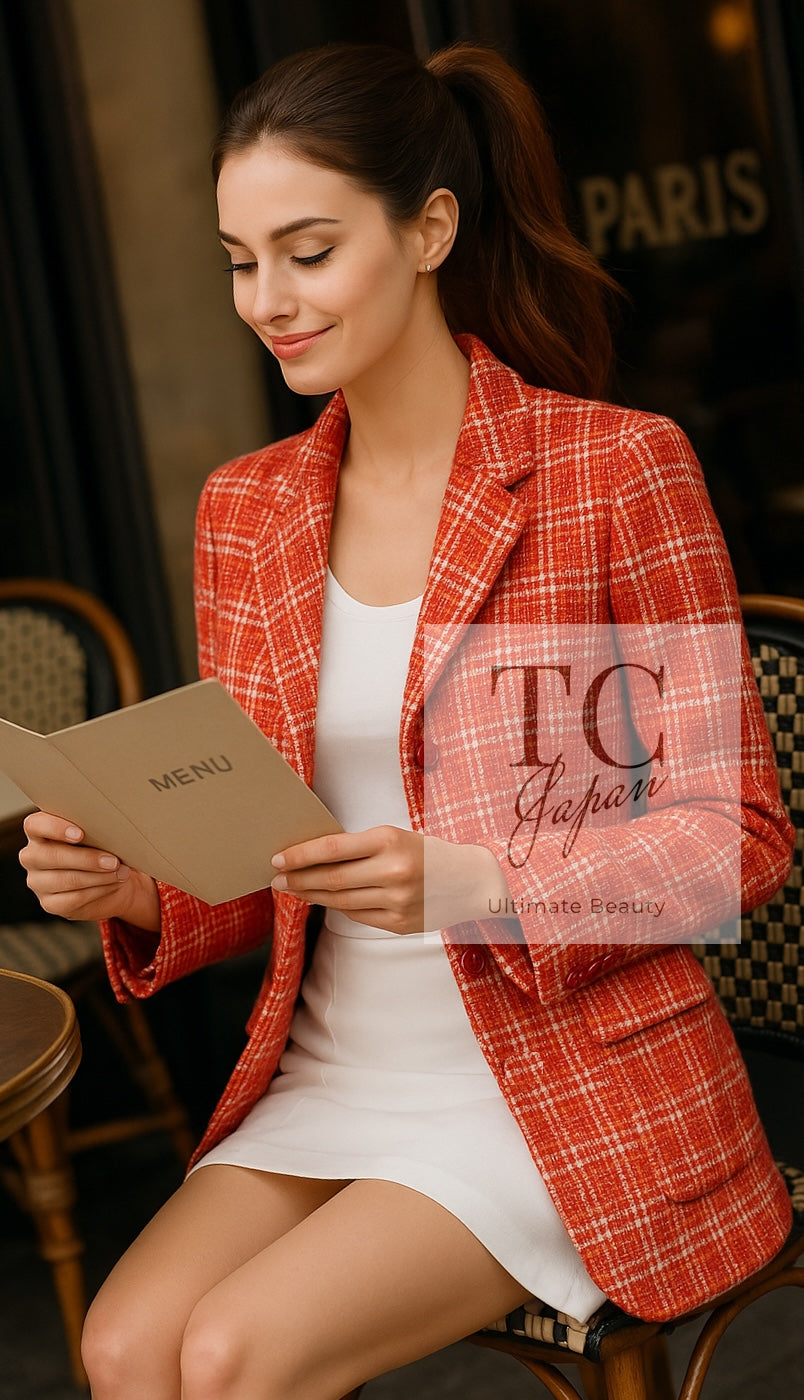 CHANEL 97S Vintage Red White Checked Wool Mohair Tweed Coat Jacket 36 38 シャネル ヴィンテージ レッド ホワイト ウール プードル モヘア ツイード コート ジャケット 即発