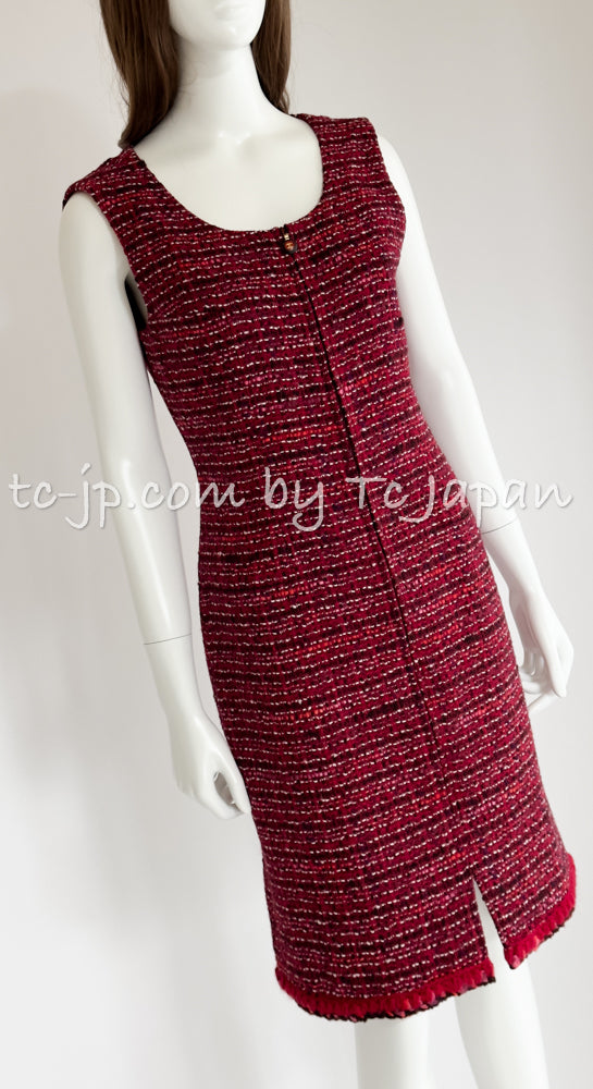 CHANEL 01A Red Pink Wool Tweed Jacket Dress Set 38 シャネル レッド ピンク ウール ツイード ジャケット ワンピース セットアップ 即発