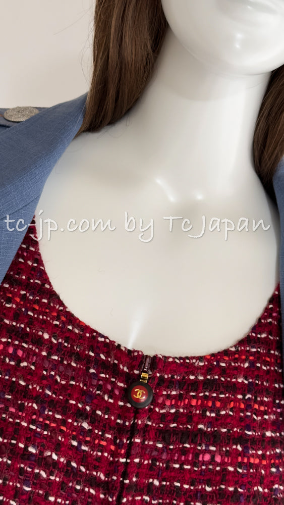CHANEL 01A Red Pink Wool Tweed Jacket Dress Set 38 シャネル レッド ピンク ウール ツイード ジャケット ワンピース セットアップ 即発
