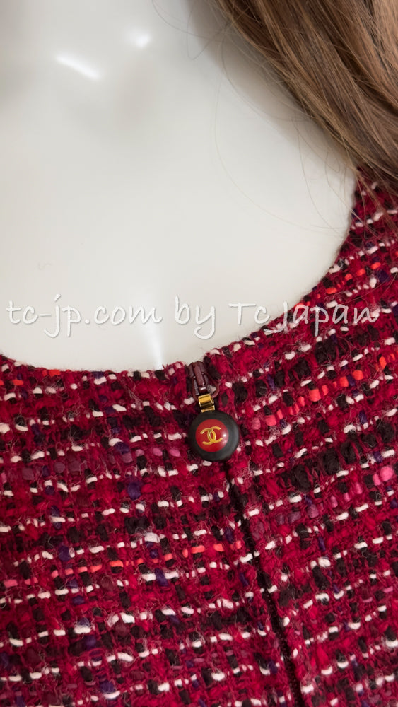 CHANEL 01A Red Pink Wool Tweed Jacket Dress Set 38 シャネル レッド ピンク ウール ツイード ジャケット ワンピース セットアップ 即発