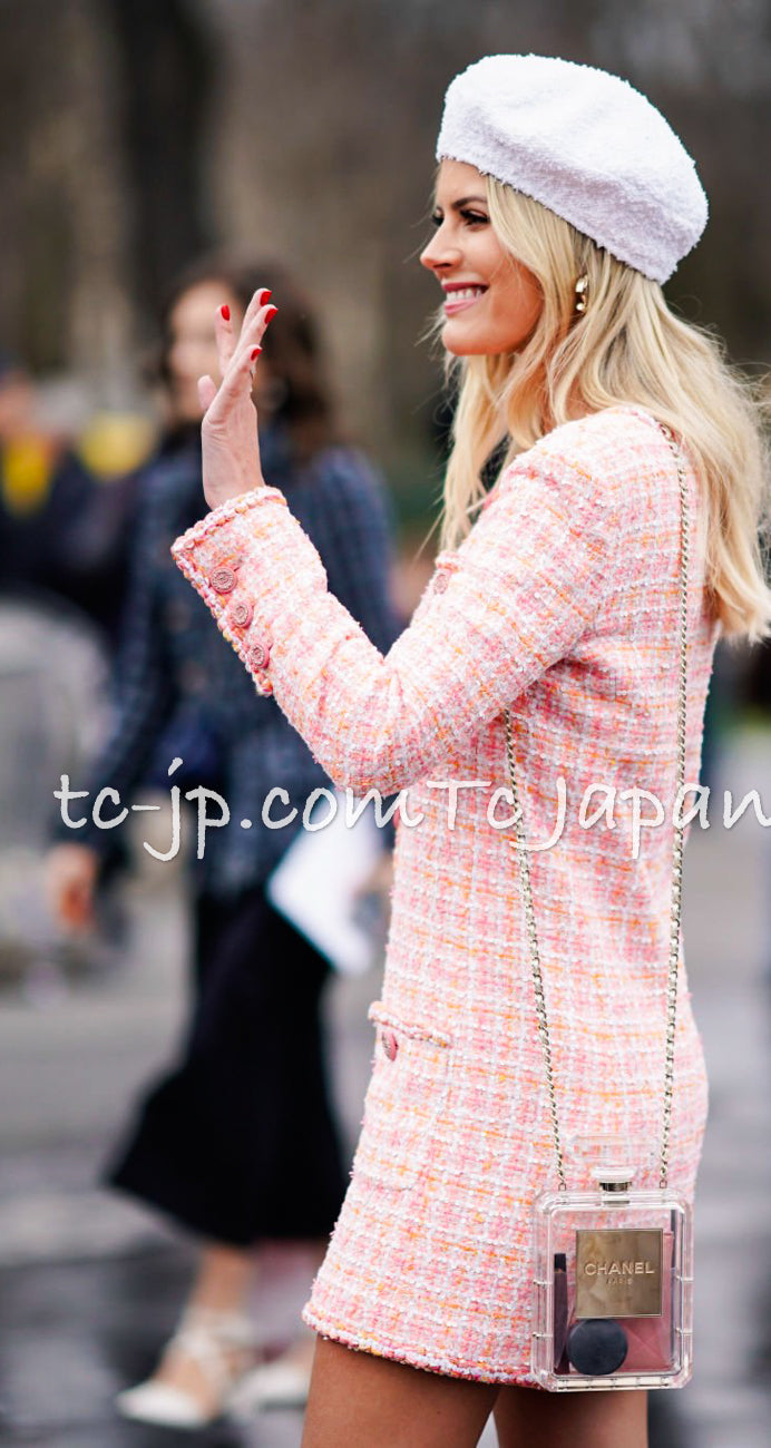 CHANEL 19C Pink Orange CC Logo Buttons Sequin Embellishments Dress 42 44 シャネル ピンク オレンジ ココボタン スパンコール ワンピース 即発