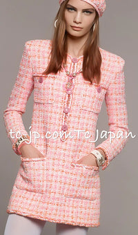 CHANEL 19C Pink Orange CC Logo Buttons Sequin Embellishments Dress 42 44 シャネル ピンク オレンジ ココボタン スパンコール ワンピース 即発