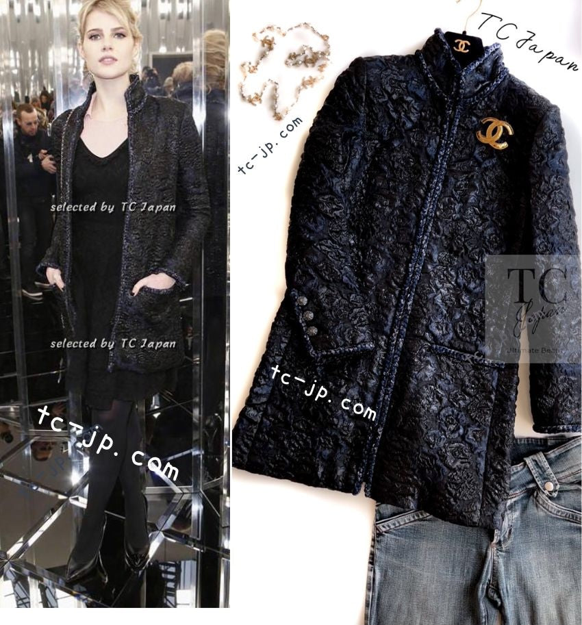 CHANEL 16B Black Navy Metallic Camellia Jacket Coat 34 36 シャネル ブラック ネイビー メタリック カメリア 3D ジャケット コート 即発