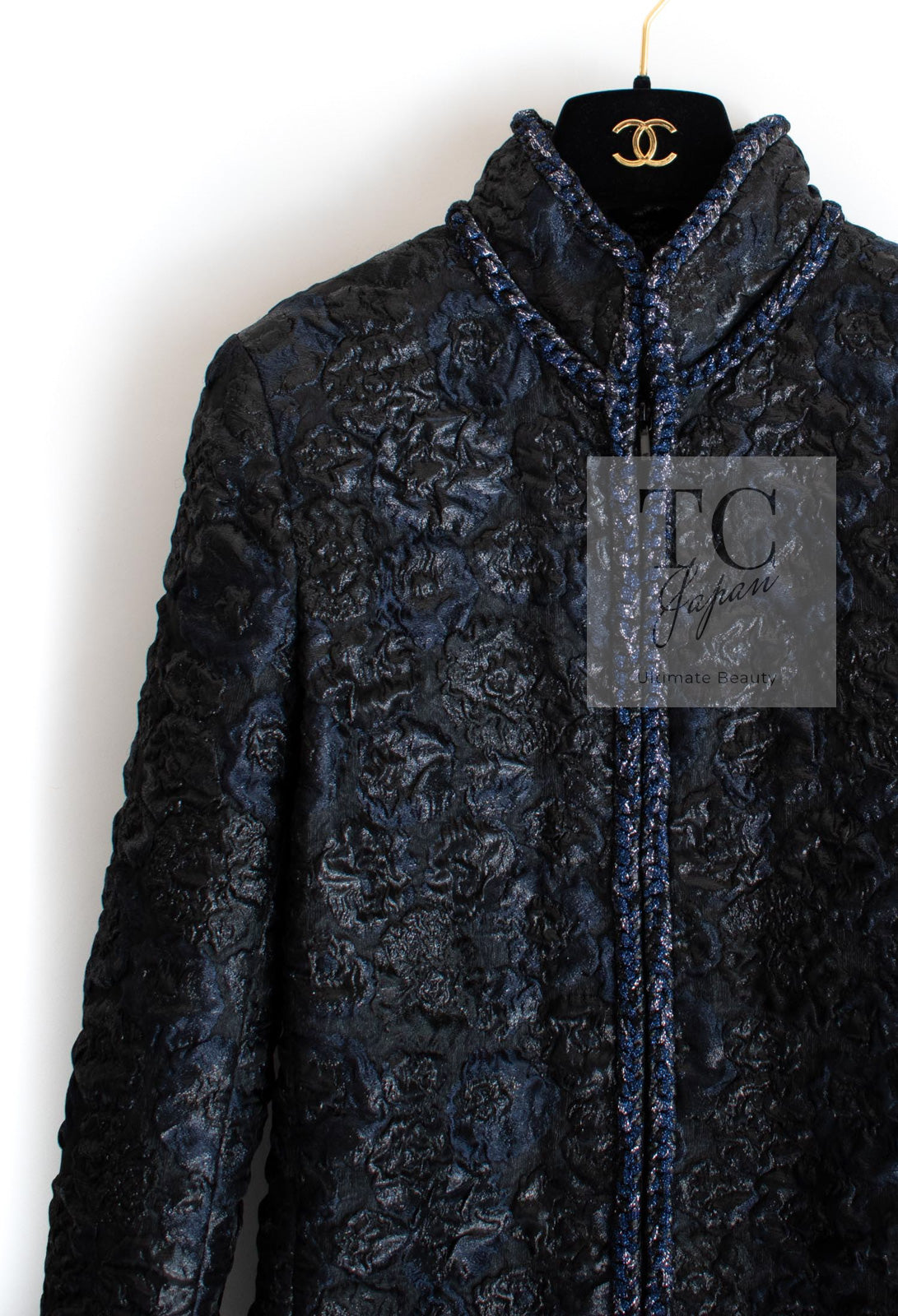 CHANEL 16B Black Navy Metallic Camellia Jacket Coat 34 36 シャネル ブラック ネイビー メタリック カメリア 3D ジャケット コート 即発