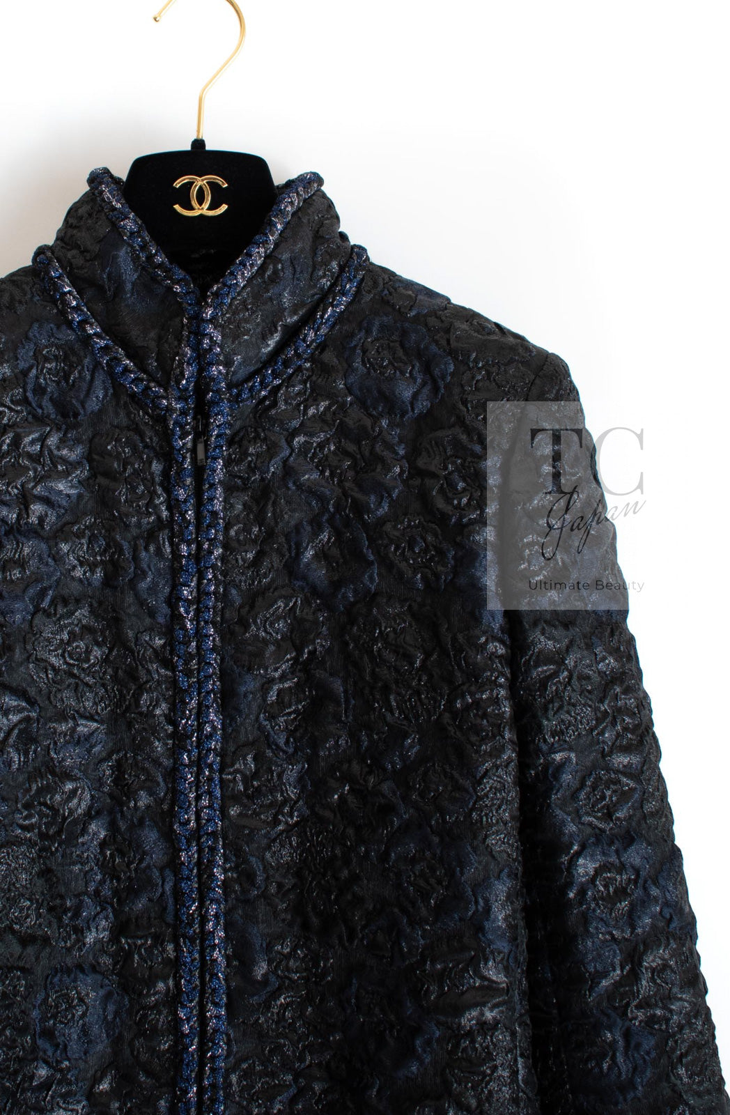 CHANEL 16B Black Navy Metallic Camellia Jacket Coat 34 36 シャネル ブラック ネイビー メタリック カメリア 3D ジャケット コート 即発