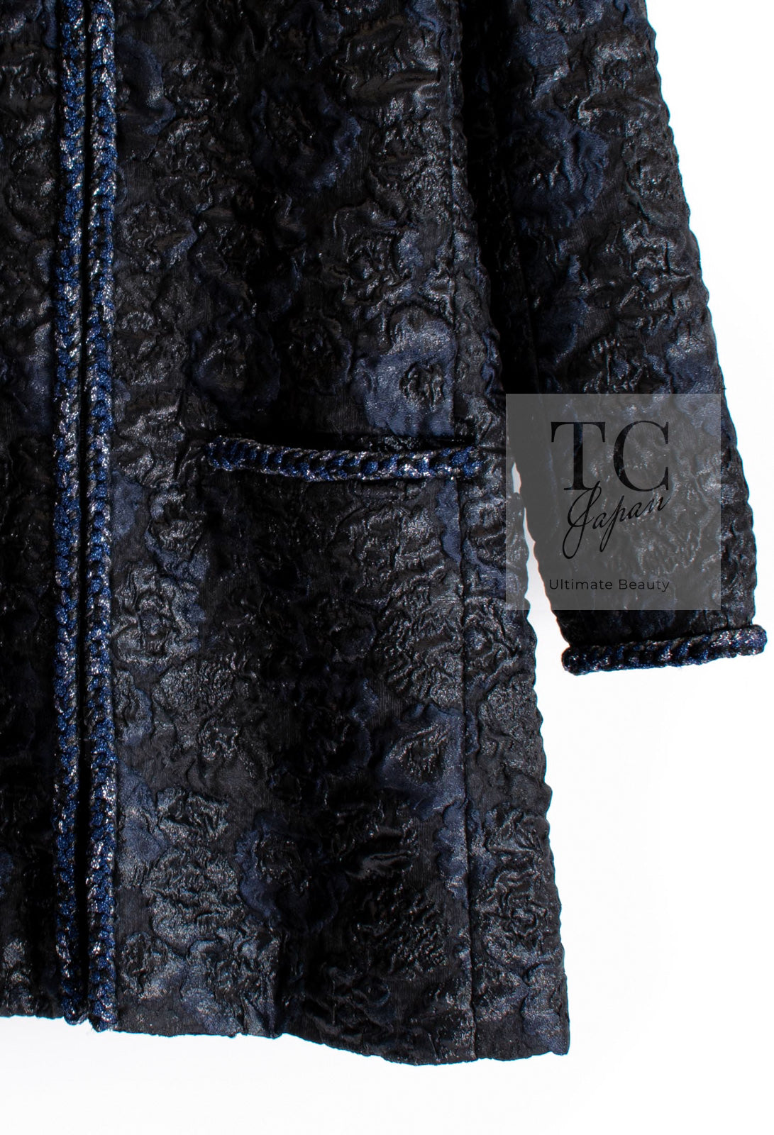 CHANEL 16B Black Navy Metallic Camellia Jacket Coat 34 36 シャネル ブラック ネイビー メタリック カメリア 3D ジャケット コート 即発