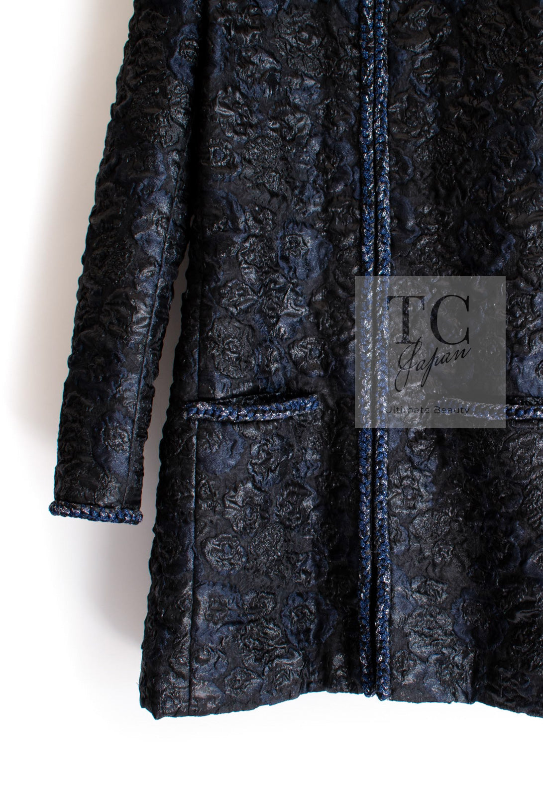 CHANEL 16B Black Navy Metallic Camellia Jacket Coat 34 36 シャネル ブラック ネイビー メタリック カメリア 3D ジャケット コート 即発