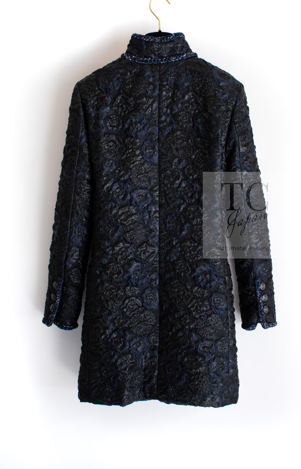 CHANEL 16B Black Navy Metallic Camellia Jacket Coat 34 36 シャネル ブラック ネイビー メタリック カメリア 3D ジャケット コート 即発