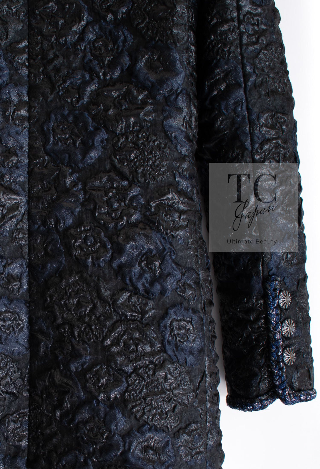 CHANEL 16B Black Navy Metallic Camellia Jacket Coat 34 36 シャネル ブラック ネイビー メタリック カメリア 3D ジャケット コート 即発