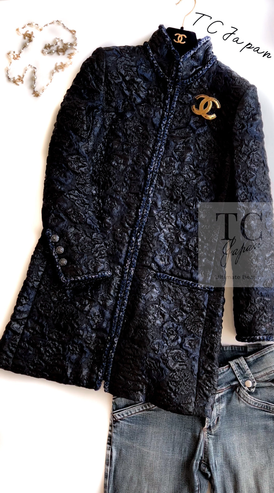 CHANEL 16B Black Navy Metallic Camellia Jacket Coat 34 36 シャネル ブラック ネイビー メタリック カメリア 3D ジャケット コート 即発