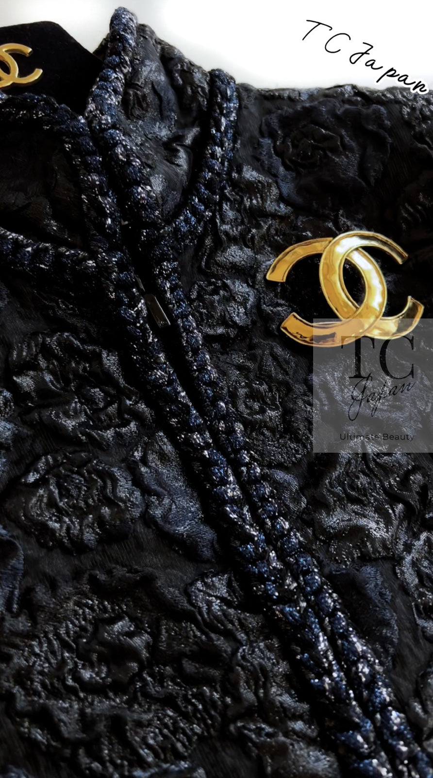 CHANEL 16B Black Navy Metallic Camellia Jacket Coat 34 36 シャネル ブラック ネイビー メタリック カメリア 3D ジャケット コート 即発