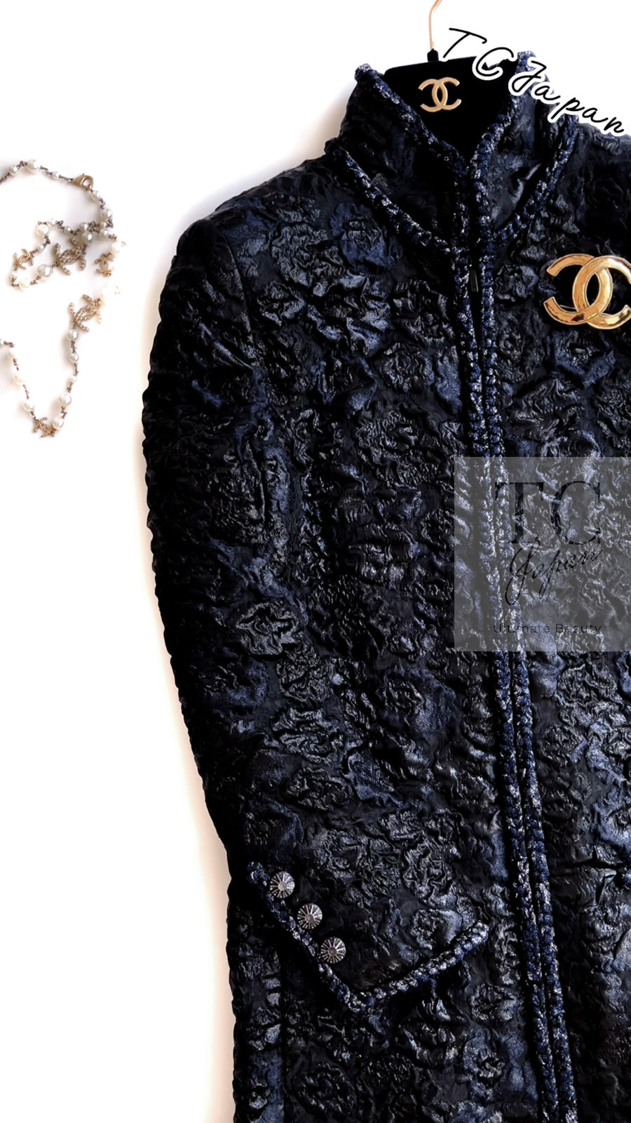 CHANEL 16B Black Navy Metallic Camellia Jacket Coat 34 36 シャネル ブラック ネイビー メタリック カメリア 3D ジャケット コート 即発