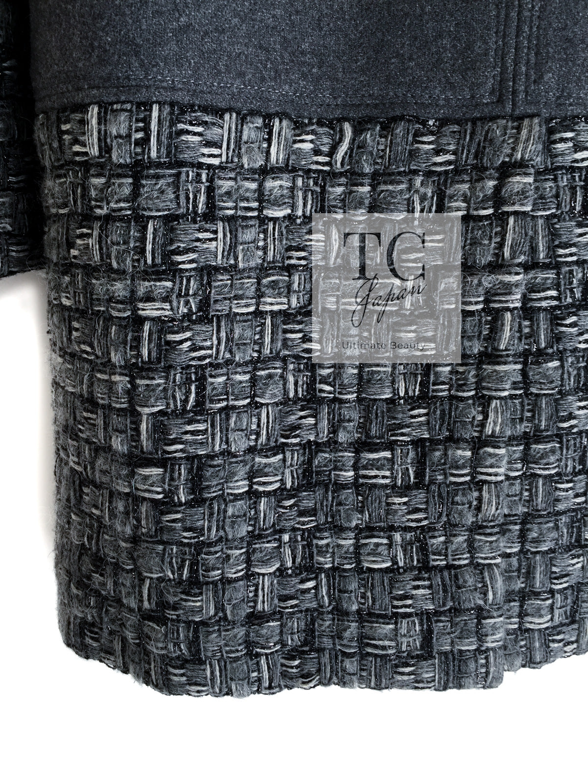 CHANEL 14B Gray Metallic Wool Cashmere Coat 34 36 38 シャネル グレー メタリック ウール カシミア ふんわり 艶やか ツイード コート 即発