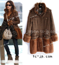 CHANEL 10A Brown Fantasy Faux Tweed Jacket Coat Penelope Cruz 34 36 38 シャネル ブラウン ファンタジー ファー ツイード ロング ジャケット コート ペネロペ クルス 着 即発