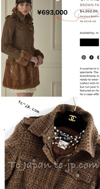 CHANEL 10A Brown Fantasy Faux Tweed Jacket Coat Penelope Cruz 34 36 38 シャネル ブラウン ファンタジー ファー ツイード ロング ジャケット コート ペネロペ クルス 着 即発