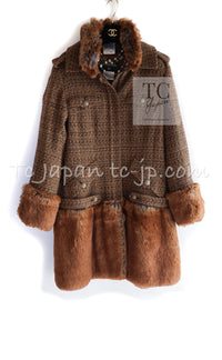 CHANEL 10A Brown Fantasy Faux Tweed Jacket Coat Penelope Cruz 34 36 38 シャネル ブラウン ファンタジー ファー ツイード ロング ジャケット コート ペネロペ クルス 着 即発