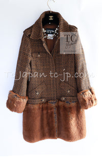 CHANEL 10A Brown Fantasy Faux Tweed Jacket Coat Penelope Cruz 34 36 38 シャネル ブラウン ファンタジー ファー ツイード ロング ジャケット コート ペネロペ クルス 着 即発