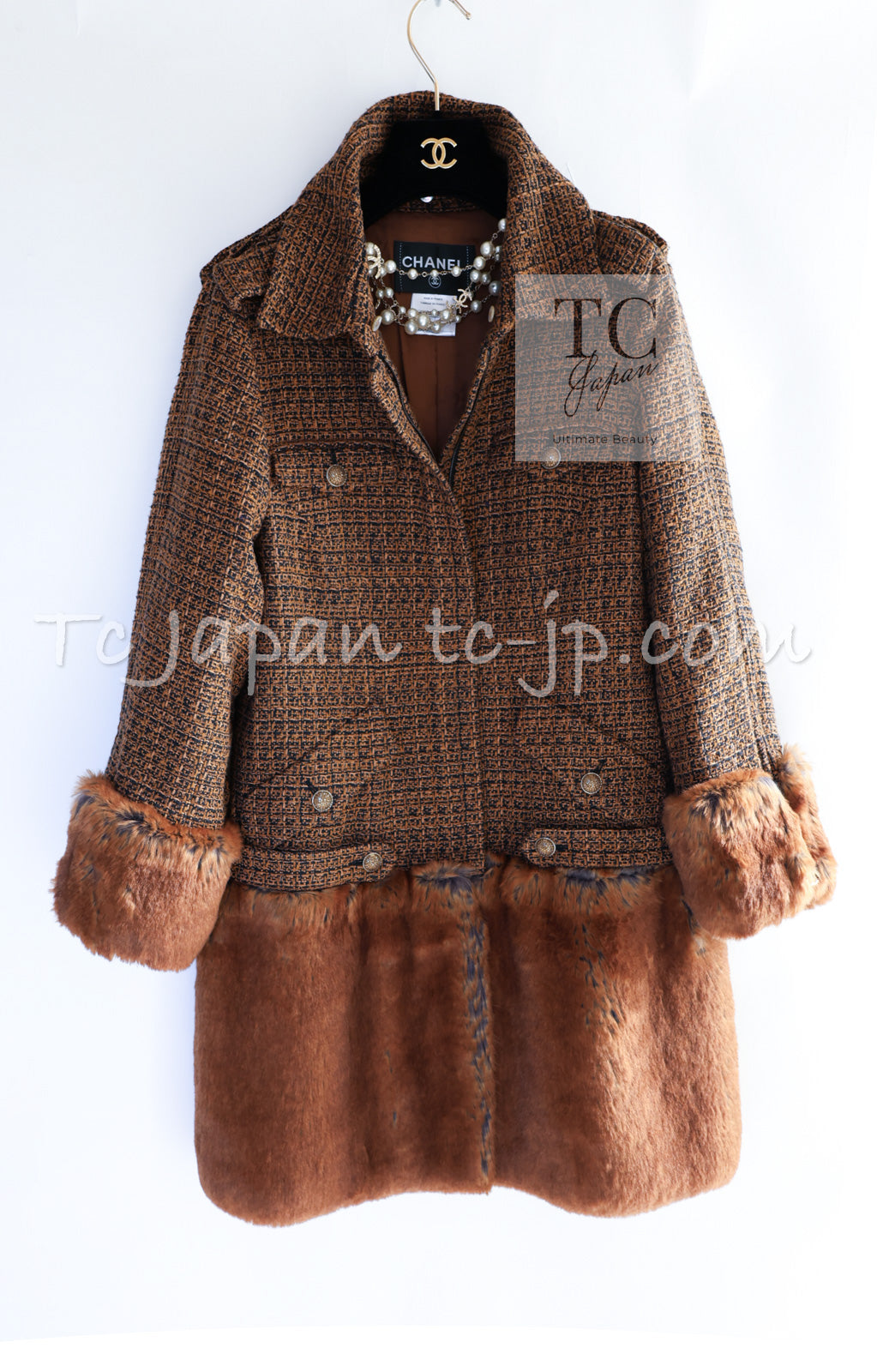 CHANEL 10A Brown Fantasy Faux Tweed Jacket Coat Penelope Cruz 34 36 38 シャネル ブラウン ファンタジー ファー ツイード ロング ジャケット コート ペネロペ クルス 着 即発