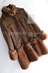 CHANEL 10A Brown Fantasy Faux Tweed Jacket Coat Penelope Cruz 34 36 38 シャネル ブラウン ファンタジー ファー ツイード ロング ジャケット コート ペネロペ クルス 着 即発