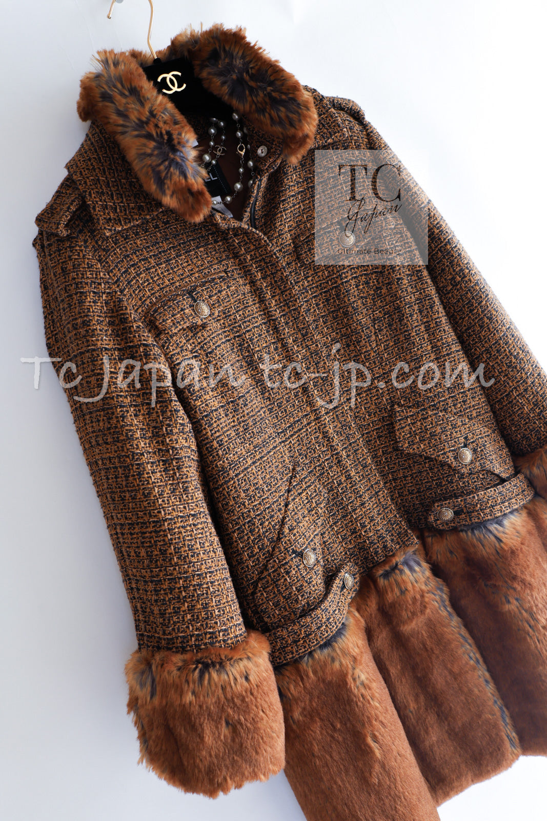 CHANEL 10A Brown Fantasy Faux Tweed Jacket Coat Penelope Cruz 34 36 38 シャネル ブラウン ファンタジー ファー ツイード ロング ジャケット コート ペネロペ クルス 着 即発