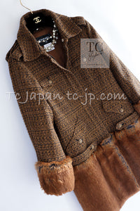 CHANEL 10A Brown Fantasy Faux Tweed Jacket Coat Penelope Cruz 34 36 38 シャネル ブラウン ファンタジー ファー ツイード ロング ジャケット コート ペネロペ クルス 着 即発