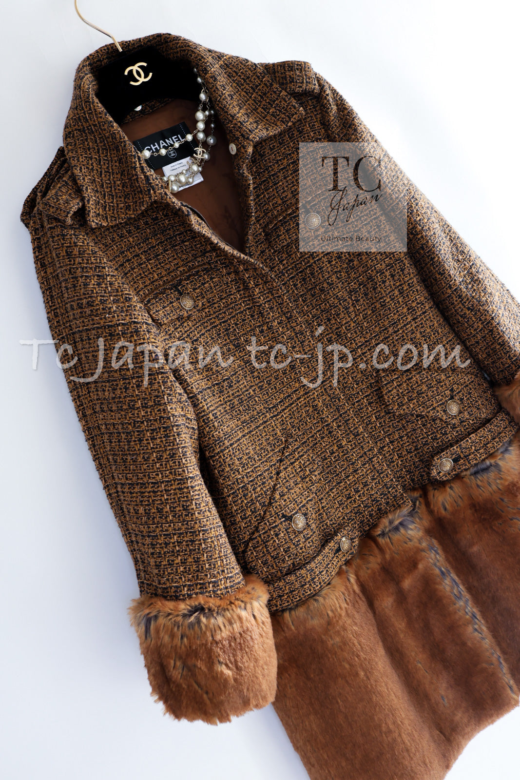 CHANEL 10A Brown Fantasy Faux Tweed Jacket Coat Penelope Cruz 34 36 38 シャネル ブラウン ファンタジー ファー ツイード ロング ジャケット コート ペネロペ クルス 着 即発