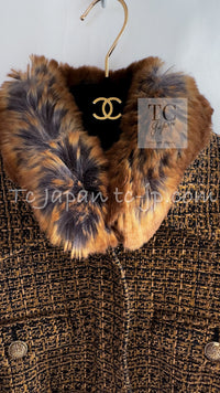 CHANEL 10A Brown Fantasy Faux Tweed Jacket Coat Penelope Cruz 34 36 38 シャネル ブラウン ファンタジー ファー ツイード ロング ジャケット コート ペネロペ クルス 着 即発