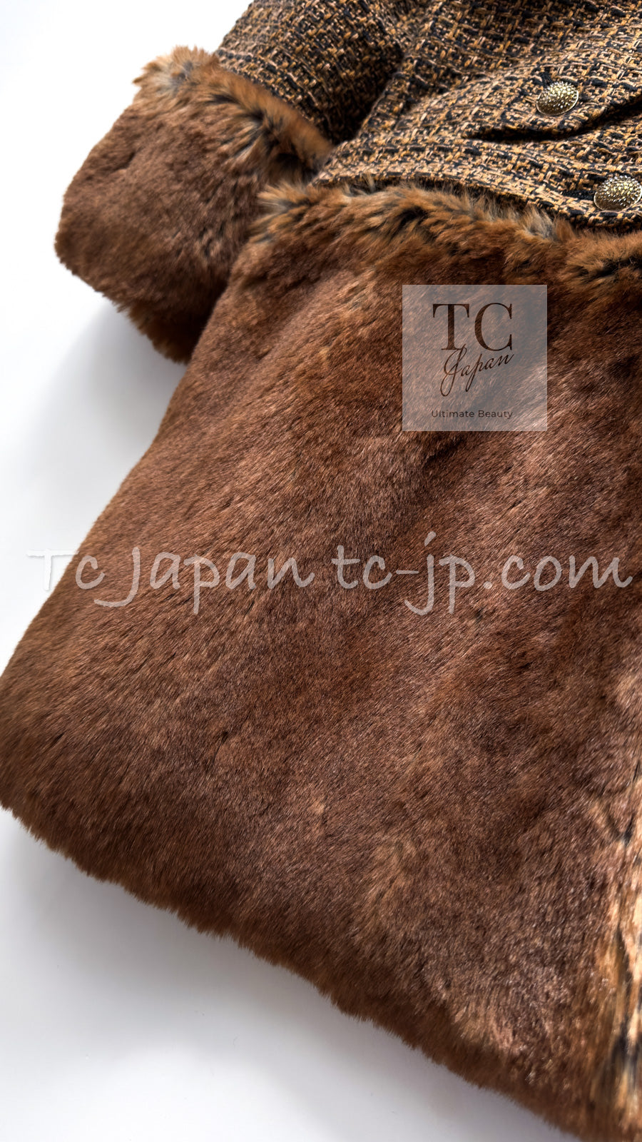 CHANEL 10A Brown Fantasy Faux Tweed Jacket Coat Penelope Cruz 34 36 38 シャネル ブラウン ファンタジー ファー ツイード ロング ジャケット コート ペネロペ クルス 着 即発