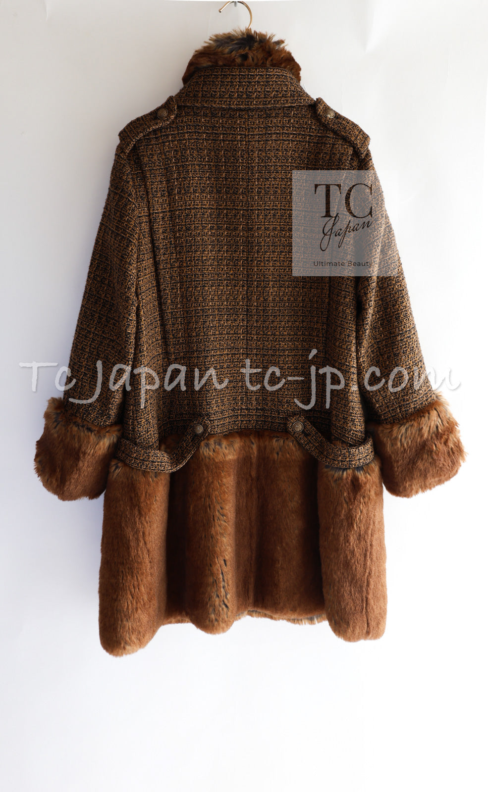 CHANEL 10A Brown Fantasy Faux Tweed Jacket Coat Penelope Cruz 34 36 38 シャネル ブラウン ファンタジー ファー ツイード ロング ジャケット コート ペネロペ クルス 着 即発