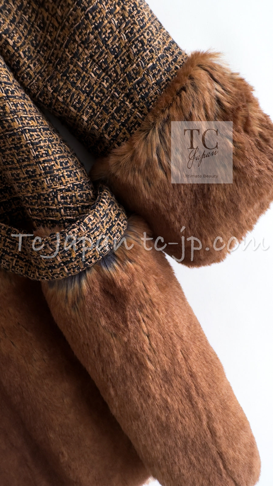CHANEL 10A Brown Fantasy Faux Tweed Jacket Coat Penelope Cruz 34 36 38 シャネル ブラウン ファンタジー ファー ツイード ロング ジャケット コート ペネロペ クルス 着 即発