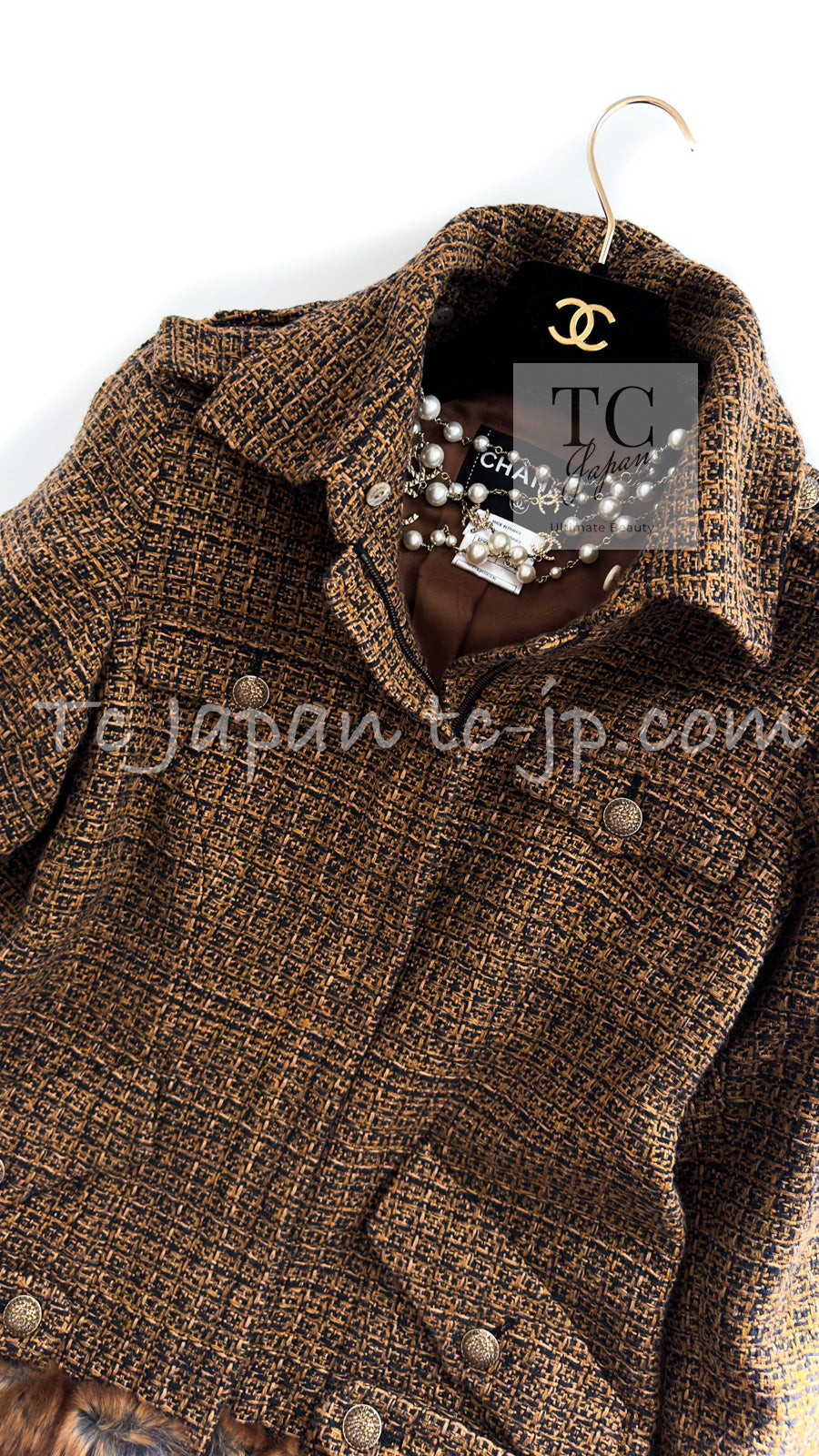 CHANEL 10A Brown Fantasy Faux Tweed Jacket Coat Penelope Cruz 34 36 38 シャネル ブラウン ファンタジー ファー ツイード ロング ジャケット コート ペネロペ クルス 着 即発