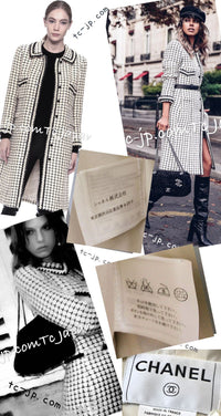 CHANEL 00A Creme Ivory Black Check Wool Alpaca Mohair Belt Tweed Coat 38 シャネル クリーム アイボリー ブラック チェック ウール アルパカ ベルト ツイード コート 即発