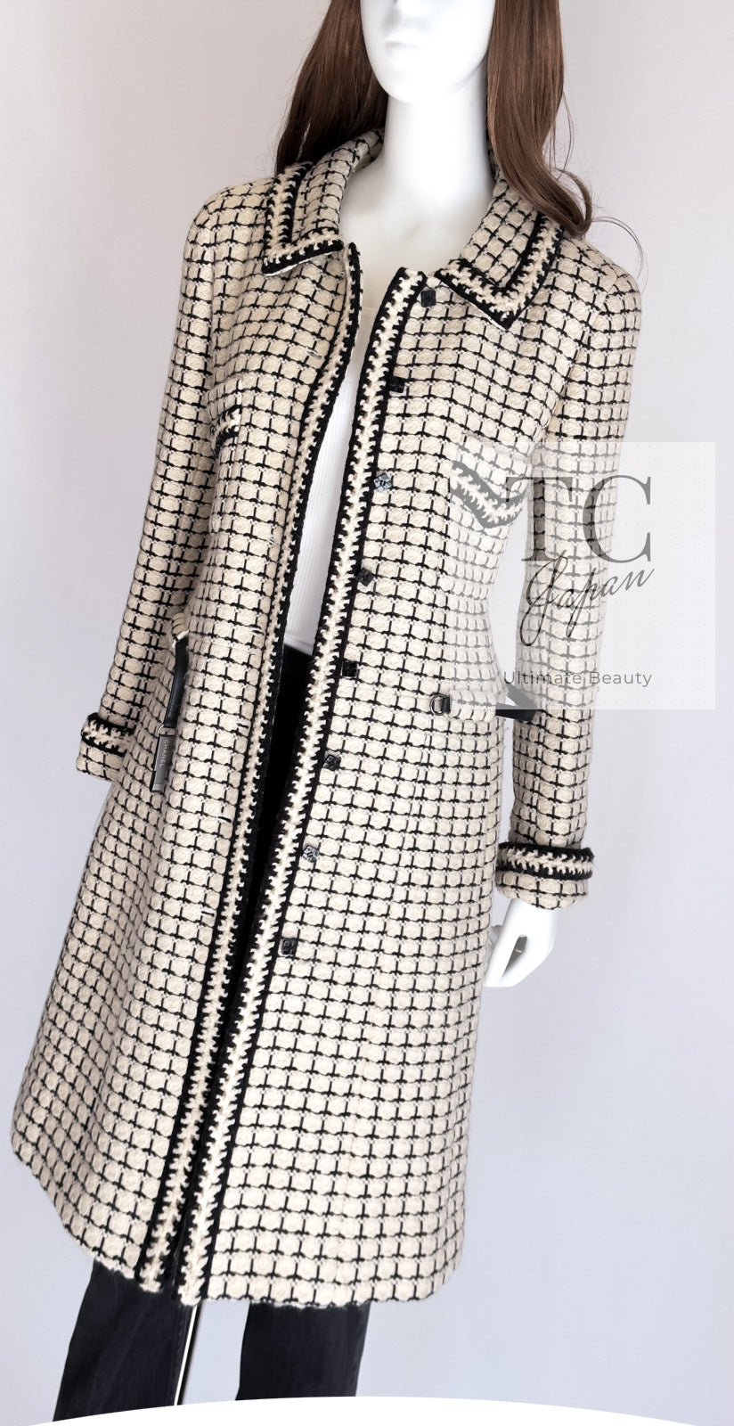 CHANEL 00A Creme Ivory Black Check Wool Alpaca Mohair Belt Tweed Coat 38 シャネル クリーム アイボリー ブラック チェック ウール アルパカ ベルト ツイード コート 即発
