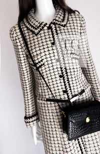 CHANEL 00A Creme Ivory Black Check Wool Alpaca Mohair Belt Tweed Coat 38 シャネル クリーム アイボリー ブラック チェック ウール アルパカ ベルト ツイード コート 即発