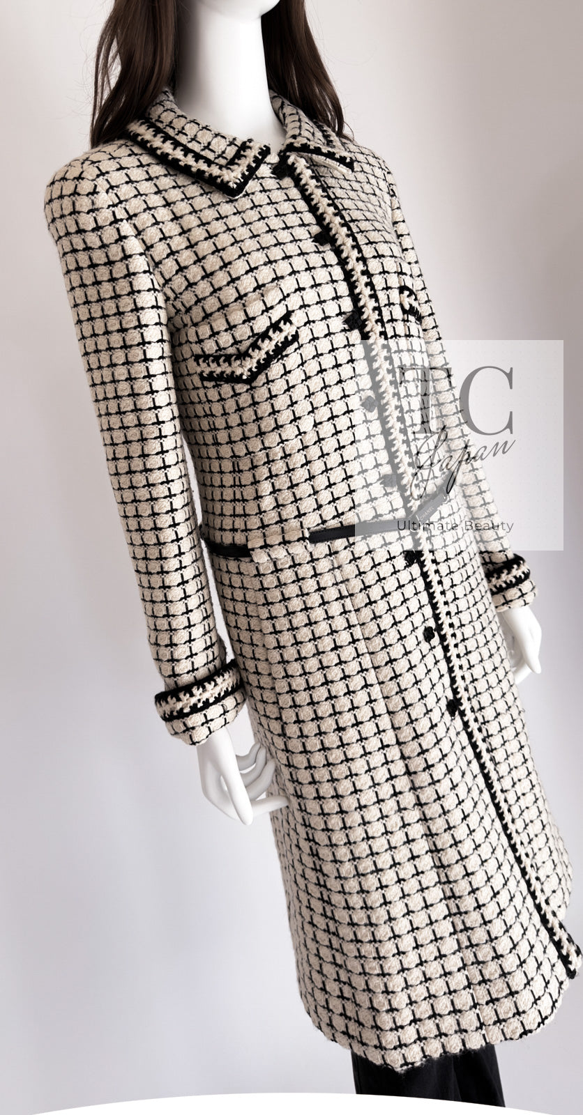 CHANEL 00A Creme Ivory Black Check Wool Alpaca Mohair Belt Tweed Coat 38 シャネル クリーム アイボリー ブラック チェック ウール アルパカ ベルト ツイード コート 即発