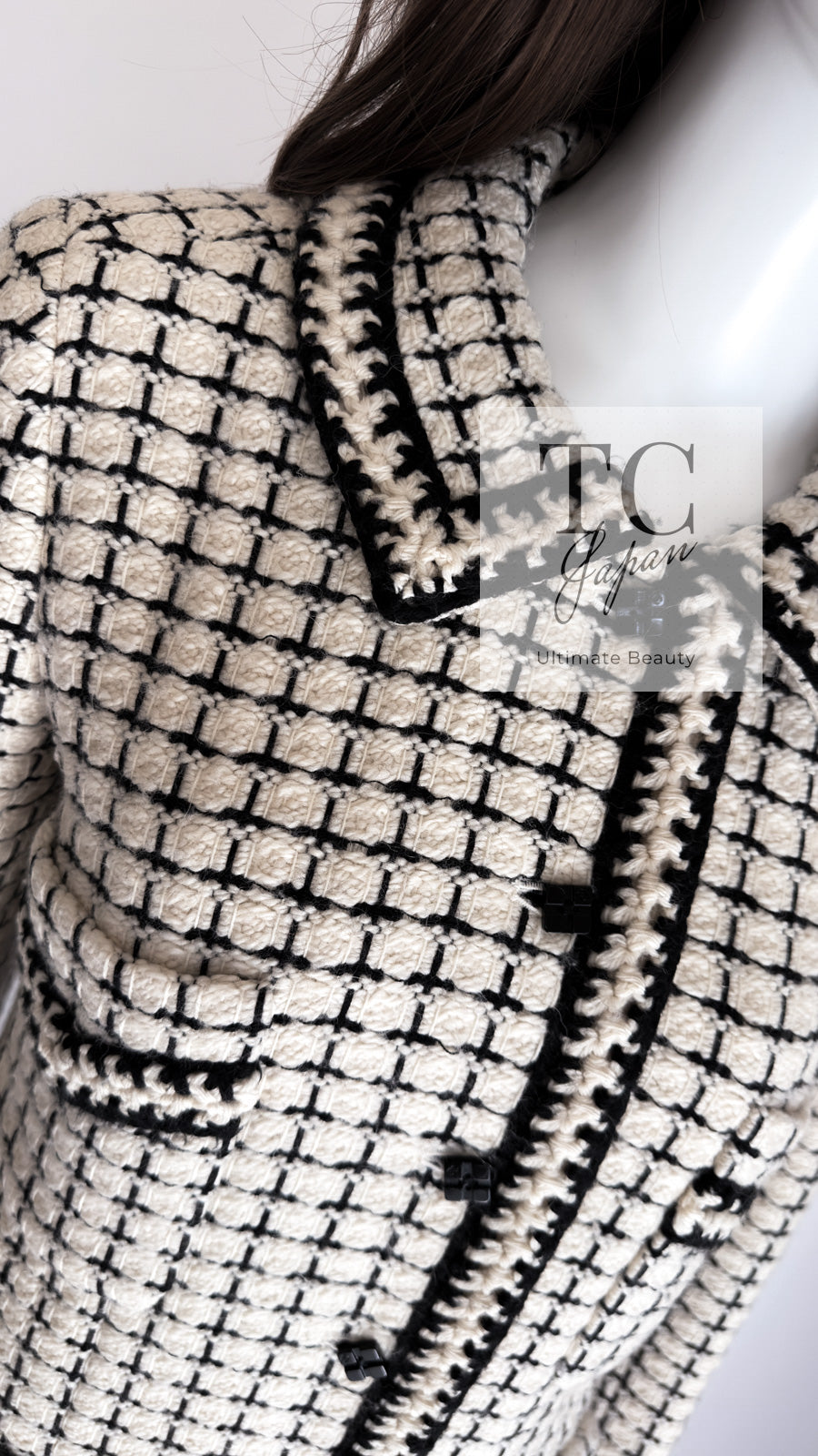 CHANEL 00A Creme Ivory Black Check Wool Alpaca Mohair Belt Tweed Coat 38 シャネル クリーム アイボリー ブラック チェック ウール アルパカ ベルト ツイード コート 即発