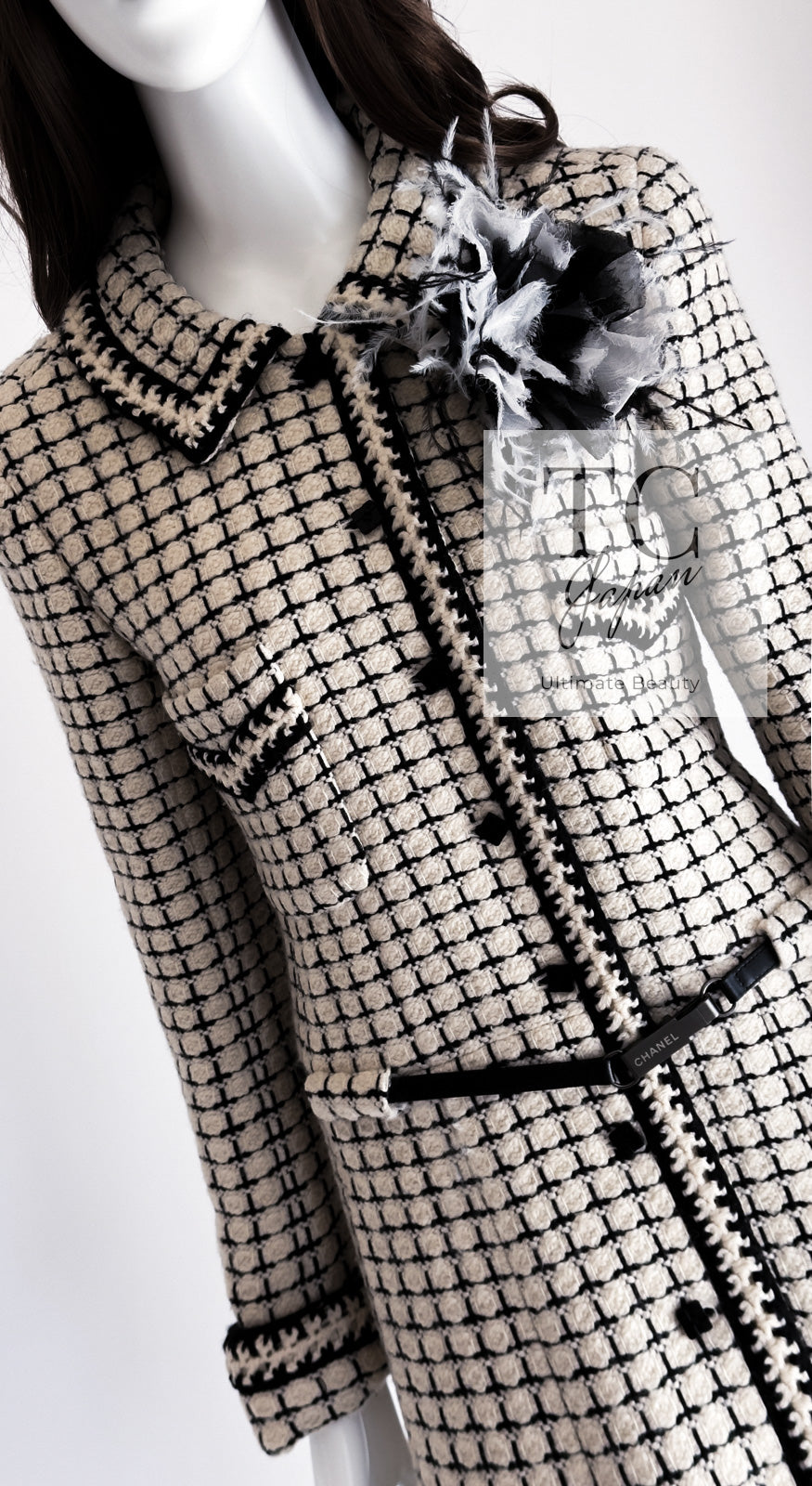 CHANEL 00A Creme Ivory Black Check Wool Alpaca Mohair Belt Tweed Coat 38 シャネル クリーム アイボリー ブラック チェック ウール アルパカ ベルト ツイード コート 即発