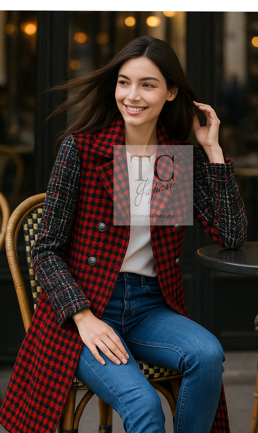 CHANEL 17A Red Black Double Wool Tweed Coat 36 シャネル レッド ブラック ダブル ウール ツイード コート 即発
