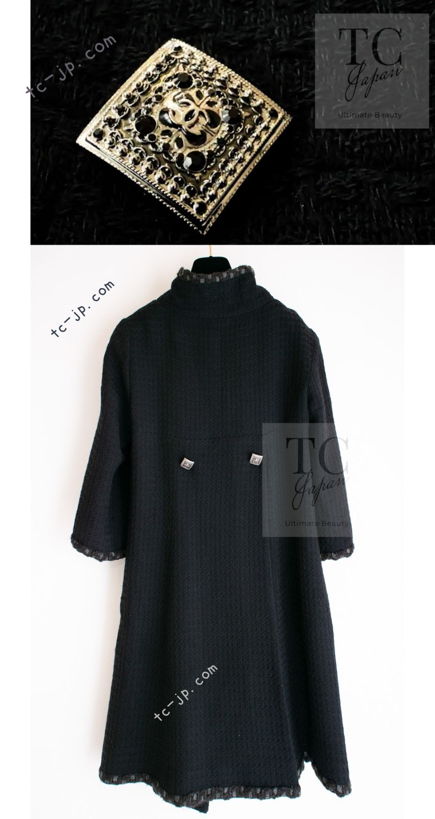 CHANEL 11PF Black Square Jeweled Button Wool Tweed Jacket Coat 36 38 シャネル ブラック スクエア グリポワ ボタン ウール ツイード ジャケット コート 即発
