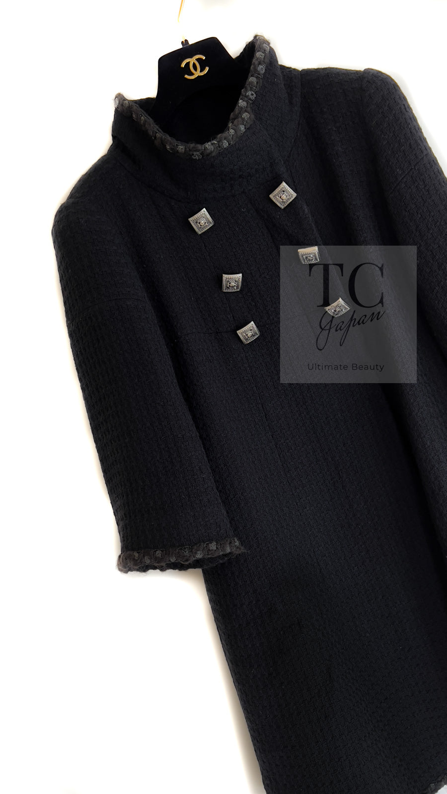 CHANEL 11PF Black Square Jeweled Button Wool Tweed Jacket Coat 36 38 シャネル ブラック スクエア グリポワ ボタン ウール ツイード ジャケット コート 即発