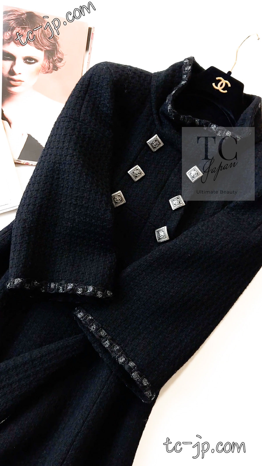 CHANEL 11PF Black Square Jeweled Button Wool Tweed Jacket Coat 36 38 シャネル ブラック スクエア グリポワ ボタン ウール ツイード ジャケット コート 即発