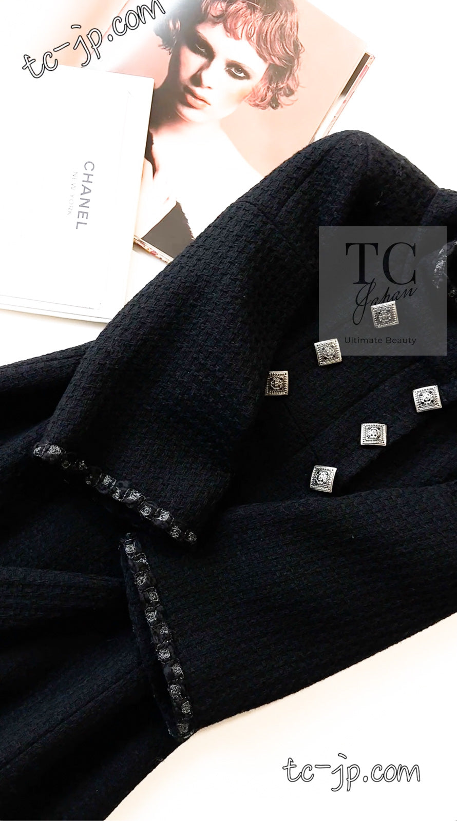 CHANEL 11PF Black Square Jeweled Button Wool Tweed Jacket Coat 36 38 シャネル ブラック スクエア グリポワ ボタン ウール ツイード ジャケット コート 即発